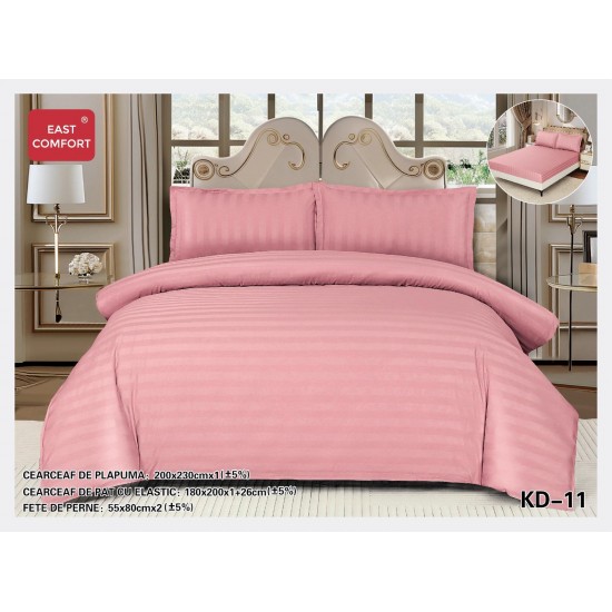 Lenjerie damasc 4 piese pat dublu cu elastic – dungi, Roz, LDD-020 Lenjerii Damasc 4 piese