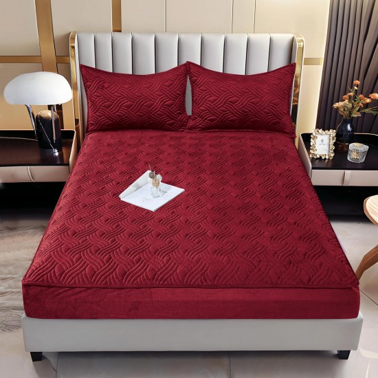 Husă/topper pat 140x200 cu elastic–Catifea moale, model ondulat–Bordo, HTC-014 Husa/Topper cu ELASTIC 140-200 cm