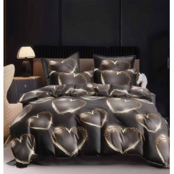 Lenjerie pat dublu 4 piese bumbac satinat – model inimioare, cearșaf normal, LDBS-294