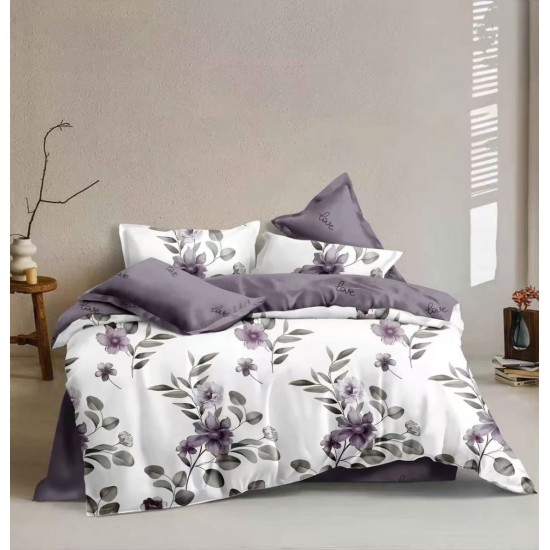 Lenjerie pat dublu 4 piese bumbac satinat – model floral, cearșaf normal, LDBS-296 3 lenjerii la 199 lei