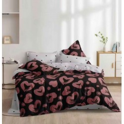 Lenjerie pat dublu 4 piese bumbac satinat – model inimioare, cearșaf normal, LDBS-297