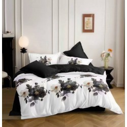 Lenjerie pat dublu 4 piese bumbac satinat – model floral, cearșaf normal, LDBS-299