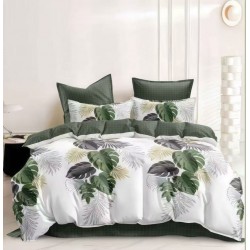 Lenjerie pat dublu 4 piese bumbac satinat – model frunze, cearșaf normal, LDBS-303