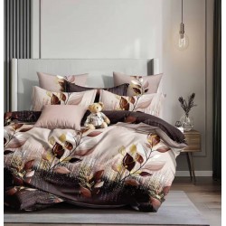 Lenjerie pat dublu 4 piese bumbac satinat – model frunze, cearșaf normal, LDBS-308