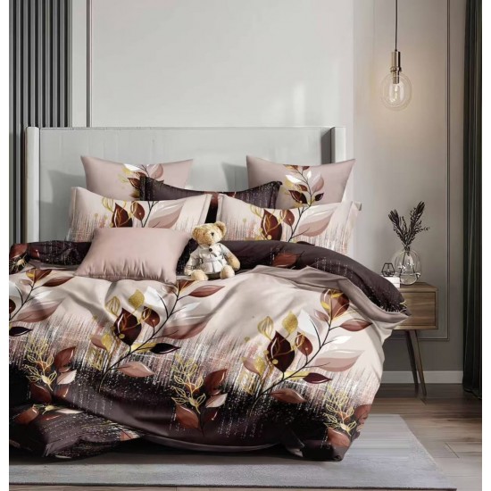 Lenjerie pat dublu 4 piese bumbac satinat – model frunze, cearșaf normal, LDBS-308 3 lenjerii la 199 lei