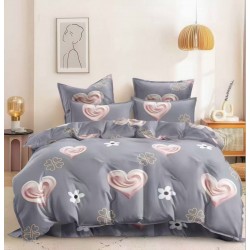 Lenjerie pat dublu 4 piese bumbac satinat – model flori, inimioare, cearșaf normal, LDBS-311