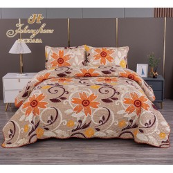 Cuvertura pentru pat dublu cu 2 fete, matlasata, Bumbac Satinat, Maro-Bej, flori, OLBS-003