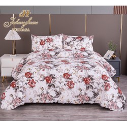 Cuvertura pentru pat dublu cu 2 fete, matlasata, Bumbac Satinat, Alb-Multicolor, flori, OLBS-030