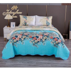 Cuvertura pentru pat dublu cu 2 fete, matlasata, Bumbac Satinat, Blue-Multicolor, flori, OLBS-031