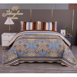 Cuvertura pentru pat dublu cu 2 fete, matlasata, Bumbac Satinat, Blue-Galben, linii, OLBS-037