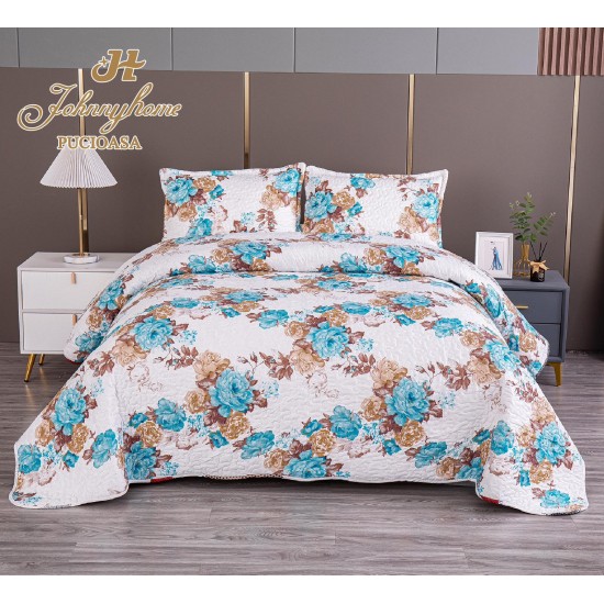Cuvertura pentru pat dublu cu 2 fete, matlasata, Bumbac Satinat, Alb-Multicolor, flori, OLBS-045 Oricare 2 la 159 lei