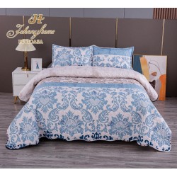 Cuvertura pentru pat dublu cu 2 fete, matlasata, Bumbac Satinat, Alb-Blue, frunze, OLBS-074