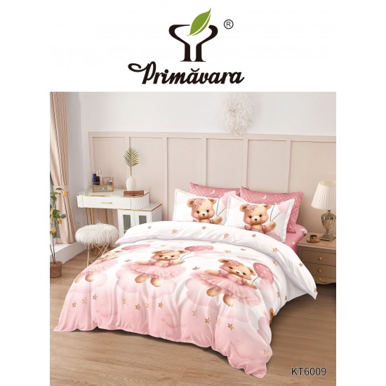 Set Lenjerie de pat din Finet Gros, Cearceaf cu ELASTIC, 6 Piese, Pat 2 Persoane, Roz, ursuleti, LDE-199 Lenjerii Finet 6 piese cu ELASTIC