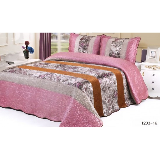 Cuvertura pat dublu, 3 piese, Catifea Matlasata, 230x250cm, plus 2 fete de perna, Roz-Multicolor, flori, CCV-068 Cuverturi Catifea 3 piese cu Model