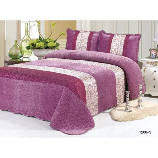 Cuvertura pat dublu, 3 piese, Catifea Matlasata, 230x250cm, plus 2 fete de perna, Lila-Multicolor, frunze, CCV-084 Cuverturi Catifea 3 piese cu Model