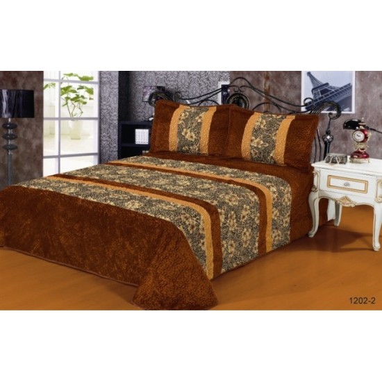 Cuvertura pat dublu, 3 piese, Catifea Matlasata, 230x250cm, plus 2 fete de perna, Maro-Multicolor, flori, CCV-086 Cuverturi Catifea 3 piese cu Model