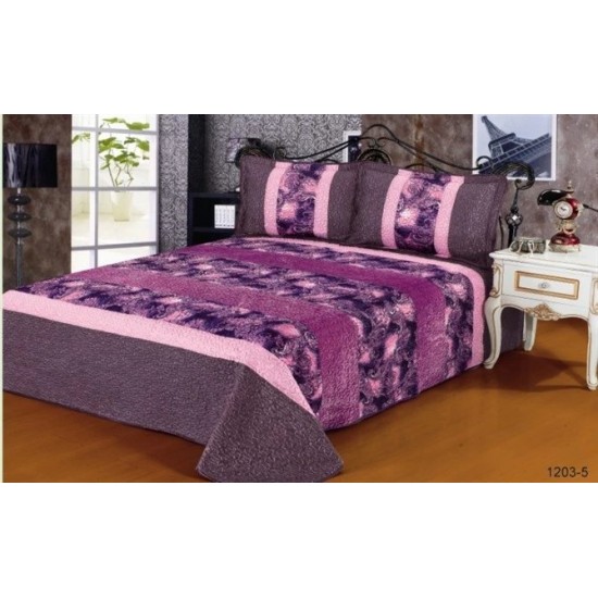 Cuvertura pat dublu, 3 piese, Catifea Matlasata, 230x250cm, plus 2 fete de perna, Mov-Multicolor, frunze, CCV-089 Cuverturi Catifea 3 piese cu Model