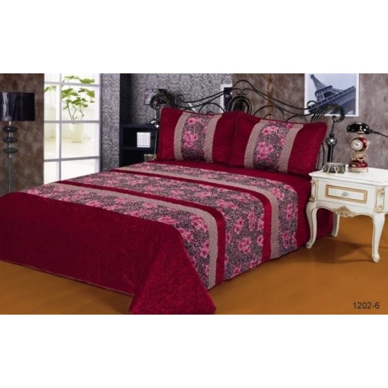 Cuvertura pat dublu, 3 piese, Catifea Matlasata, 230x250cm, plus 2 fete de perna, Grena-Multicolor, flori, CCV-095 Cuverturi Catifea 3 piese cu Model