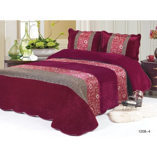 Cuvertura pat dublu, 3 piese, Catifea Matlasata, 230x250cm, plus 2 fete de perna, Grena-Multicolor, frunze, CCV-097 Cuverturi Catifea 3 piese cu Model