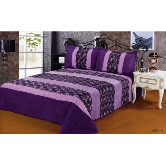 Cuvertura pat dublu, 3 piese, Catifea Matlasata, 230x250cm, plus 2 fete de perna, Mov-Multicolor, frunze, CCV-106 Cuverturi Catifea 3 piese cu Model