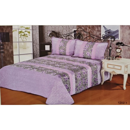 Cuvertura pat dublu, 3 piese, Catifea Matlasata, 230x250cm, plus 2 fete de perna, Lila-Multicolor, flori, CCV-108 Cuverturi Catifea 3 piese cu Model