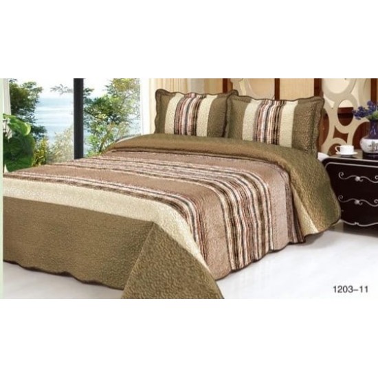 Cuvertura pat dublu, 3 piese, Catifea Matlasata, 230x250cm, plus 2 fete de perna, Bej-Multicolor, CCV-111 Cuverturi Catifea 3 piese cu Model