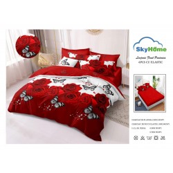 Lenjerie Pat Dublu 6 Piese din Finet cu Cearșaf cu Elastic – Alb-Rosu, flori, fluturi, OLD-109