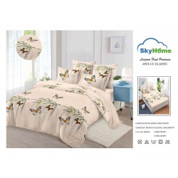 Lenjerie Pat Dublu 6 Piese din Finet cu Cearșaf cu Elastic – Crem, model fluturi, OLD-070