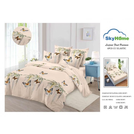 Lenjerie Pat Dublu 6 Piese din Finet cu Cearșaf cu Elastic – Crem, model fluturi, OLD-070 Oferta duo bumbac-finet