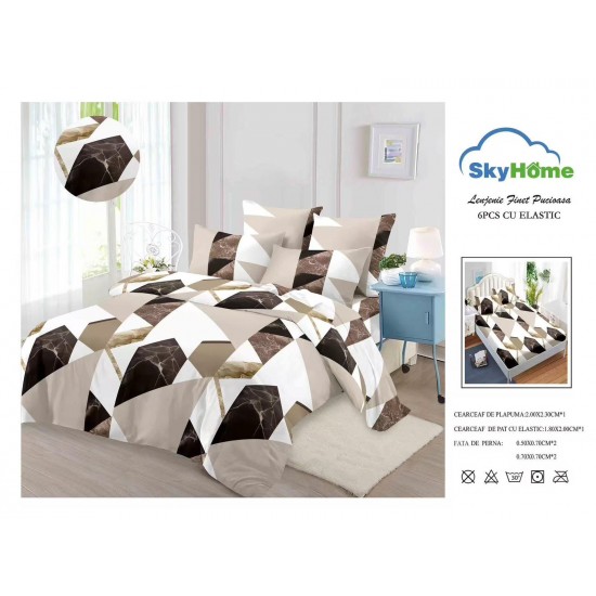 Lenjerie Pat Dublu 6 Piese din Finet cu Cearșaf cu Elastic – Crem, model forme geometrice, OLD-014 Oferta duo bumbac-finet