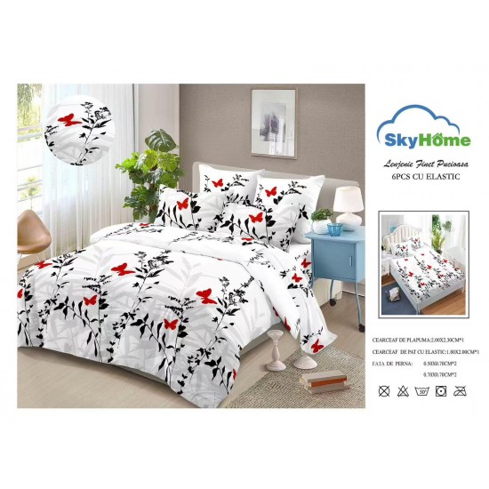 Lenjerie Pat Dublu 6 Piese din Finet cu Cearșaf cu Elastic – Alb, model fluturi, OLD-127 Oferta duo bumbac-finet