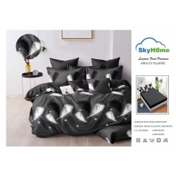 Lenjerie Pat Dublu 6 Piese din Finet cu Cearșaf cu Elastic – Negru, model pana, OLD-040