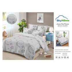 Lenjerie Pat Dublu 6 Piese din Finet cu Cearșaf cu Elastic – Gri, model stele, OLD-090