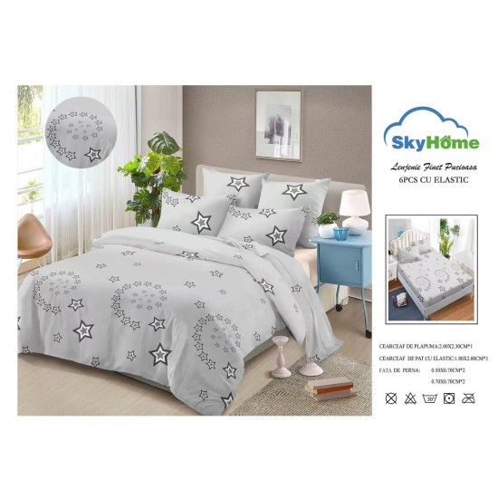 Lenjerie Pat Dublu 6 Piese din Finet cu Cearșaf cu Elastic – Gri, model stele, OLD-090 Oferta duo bumbac-finet