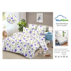 Lenjerie Pat Dublu 6 Piese din Finet cu Cearșaf cu Elastic – Alb, model flori, OLD-133