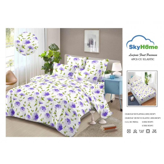 Lenjerie Pat Dublu 6 Piese din Finet cu Cearșaf cu Elastic – Alb, model flori, OLD-133 Oferta duo bumbac-finet