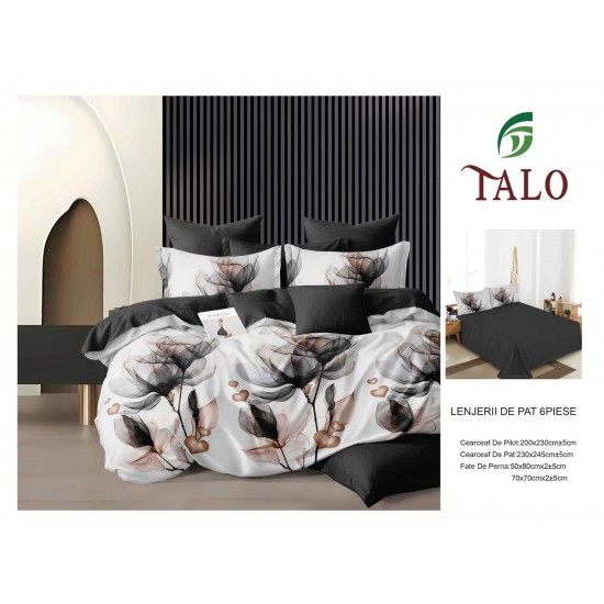 Lenjerie pat dublu finet – set 6 piese cu cearșaf normal - Alb, model flori, OLD-104 Oferta duo bumbac-finet