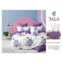 Lenjerie pat dublu finet – set 6 piese cu cearșaf normal - Mov, model flori, OLD-052