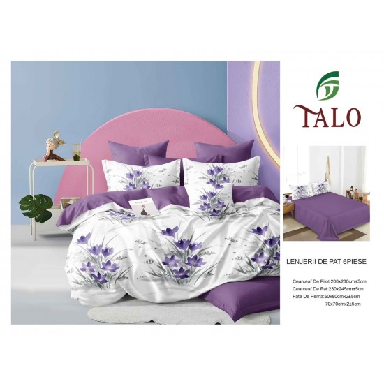 Lenjerie pat dublu finet – set 6 piese cu cearșaf normal - Mov, model flori, OLD-052 Oferta duo bumbac-finet