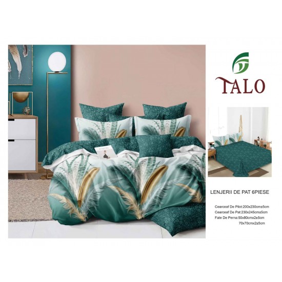 Lenjerie pat dublu finet – set 6 piese cu cearșaf normal - Verde, model pana, OLD-118 Oferta duo bumbac-finet