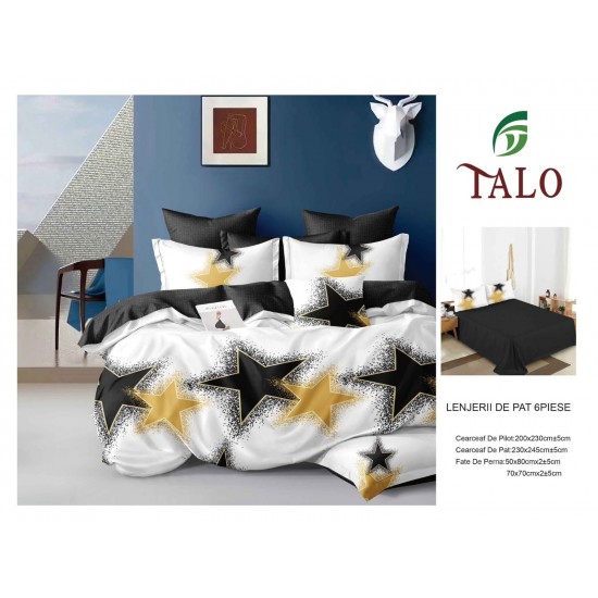 Lenjerie pat dublu finet – set 6 piese cu cearșaf normal - Alb, model stele, OLD-125 Oferta duo bumbac-finet
