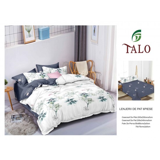 Lenjerie pat dublu finet – set 6 piese cu cearșaf normal - Gri, model flori, OLD-053 Oferta duo bumbac-finet