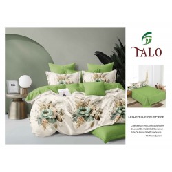 Lenjerie pat dublu finet – set 6 piese cu cearșaf normal - Verde, model flori, OLD-065