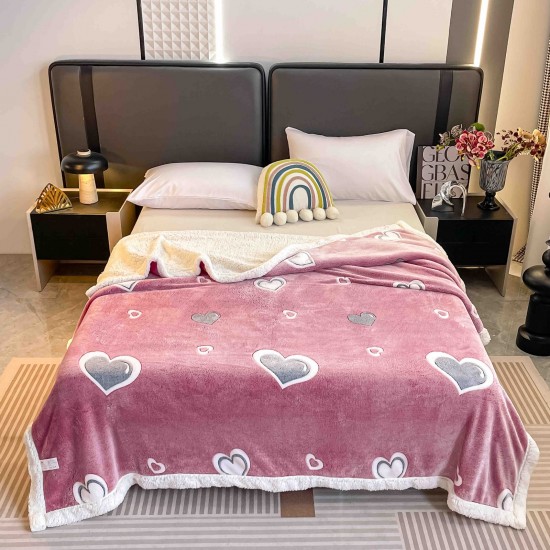 Pătură Cocolino cu blăniță 200x230 cm – moale, călduroasă și premium - Roz, model inimioare, PBC-075 Paturi cu Blanita