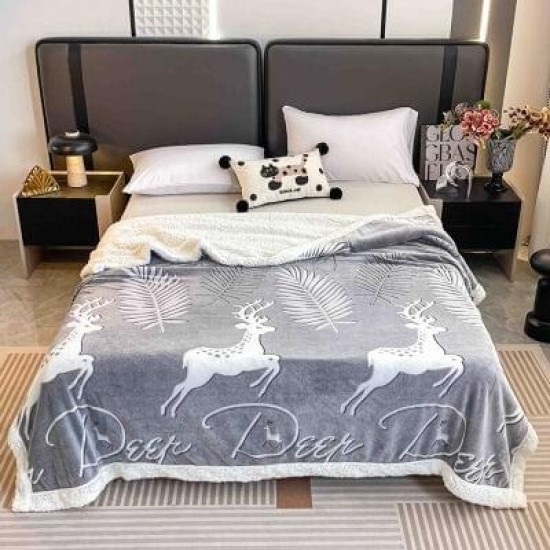 Pătură Cocolino cu blăniță 200x230 cm – moale, călduroasă și premium - Gri, model cerbi, PBC-053 Paturi cu Blanita