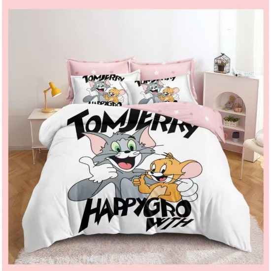 Lenjerie pat dublu, 6 piese, bumbac-finet, Alb-Multicolor, Tom & Jerry, LCC-018 Lenjerii Pentru Copii cu Desene Animate - Finet 6 piese