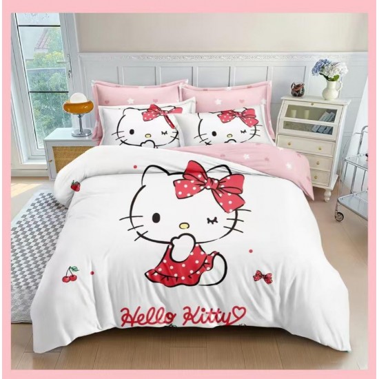 Lenjerie 6 piese pat dublu din finet – model Hello Kitty, cearșaf normal, LCC-043 Lenjerii Pentru Copii cu Desene Animate - Finet 6 piese