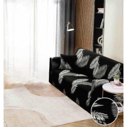 Husă elastică canapea 3 locuri – material premium, protecție și reîmprospătare rapidă, Negru, model frunze, HCM-061