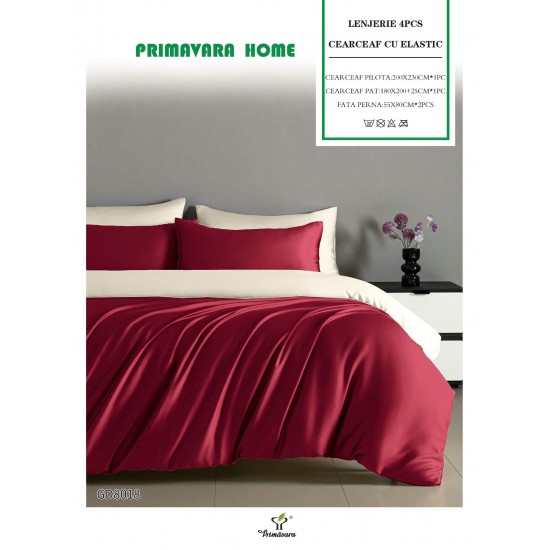 Set Lenjerie Pat Dublu Bumbac Satinat 4 Piese cu Elastic – Bordo, LFS-119 Lenjerii Bumbac Satinat Superior
