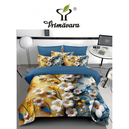 Lenjerie Pat 4 Piese 5D cu Cearșaf Elastic – Model Floral Elegant Galben și Albastru, LFL-044 Lenjerii Finet Premium Lux